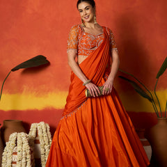 Stylum Women's Orange Solid & Embroidered Silk Blend Ready to Wear Draped Saree With Stitched Blouse (SRORANGERIMI)