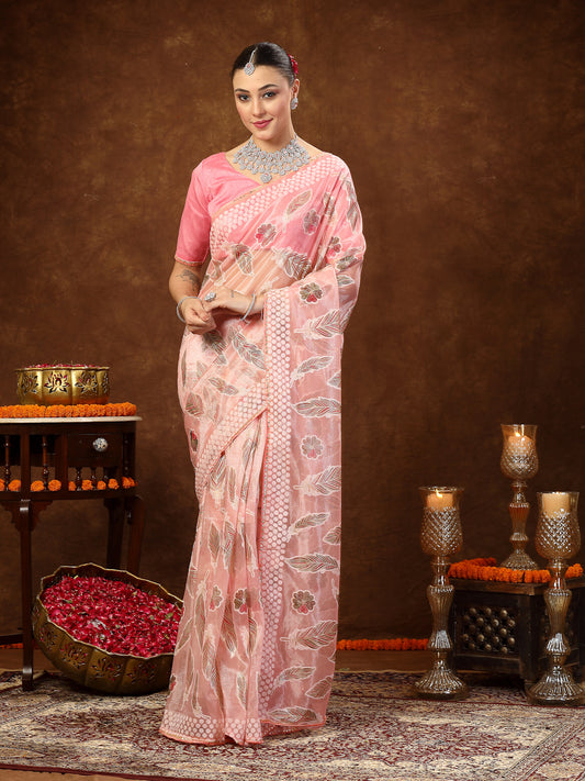 Stylum Women's Pink Ethnic Motifs Foil Print Organza Saree (SRPINKAMBER)