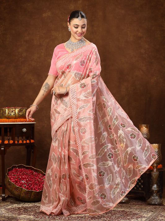 Stylum Women's Pink Ethnic Motifs Foil Print Organza Saree (SRPINKAMBER)