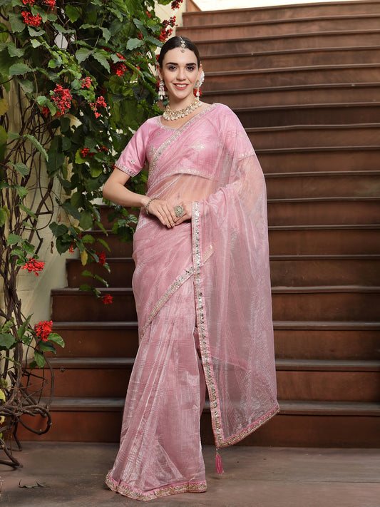 Stylum Women's Pink Gota Patti Work Shimmer Net Saree (SRPINKBELL)
