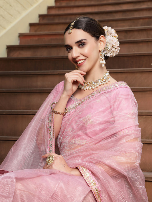 Stylum Women's Pink Gota Patti Work Shimmer Net Saree (SRPINKBELL)