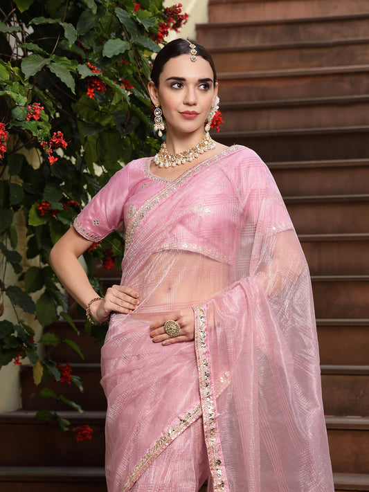 Stylum Women's Pink Gota Patti Work Shimmer Net Saree (SRPINKBELL)