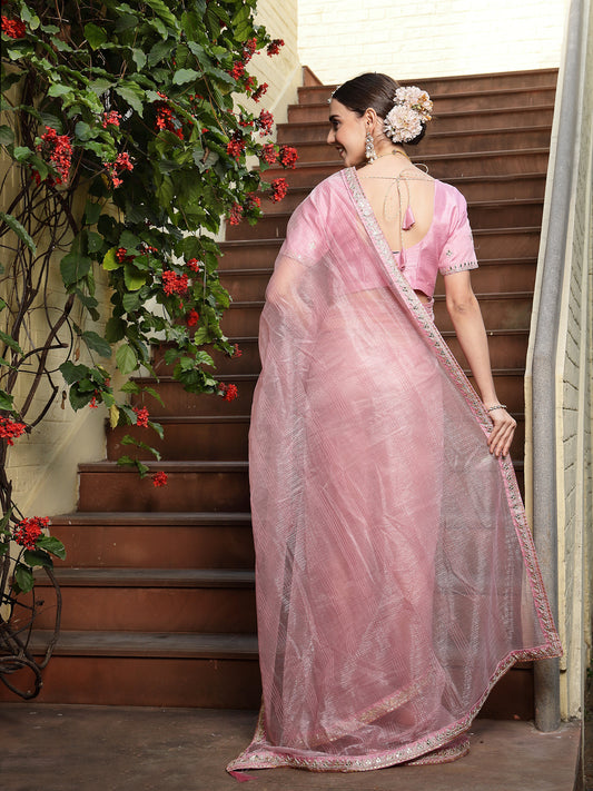 Stylum Women's Pink Gota Patti Work Shimmer Net Saree (SRPINKBELL)