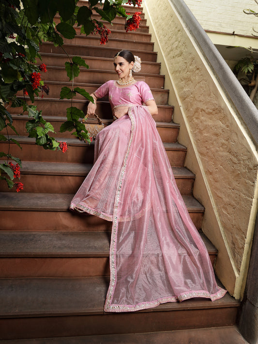 Stylum Women's Pink Gota Patti Work Shimmer Net Saree (SRPINKBELL)