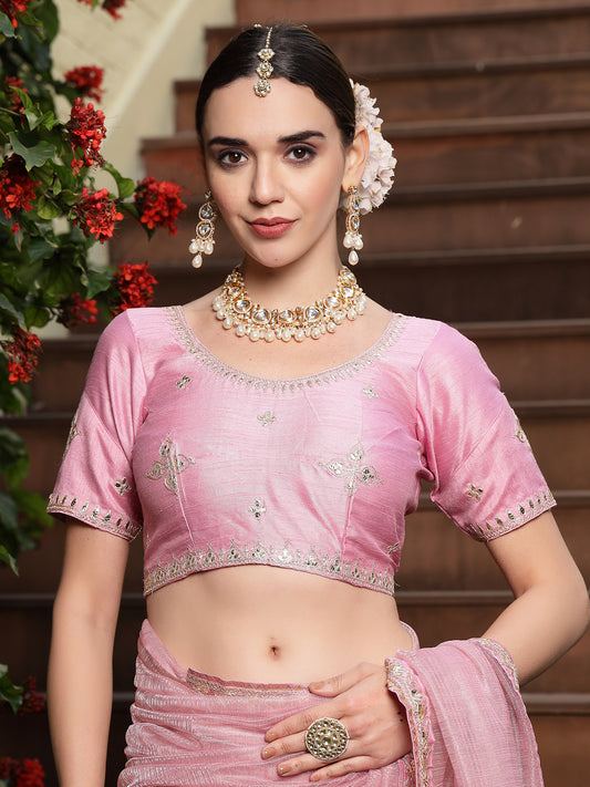 Stylum Women's Pink Gota Patti Work Shimmer Net Saree (SRPINKBELL)