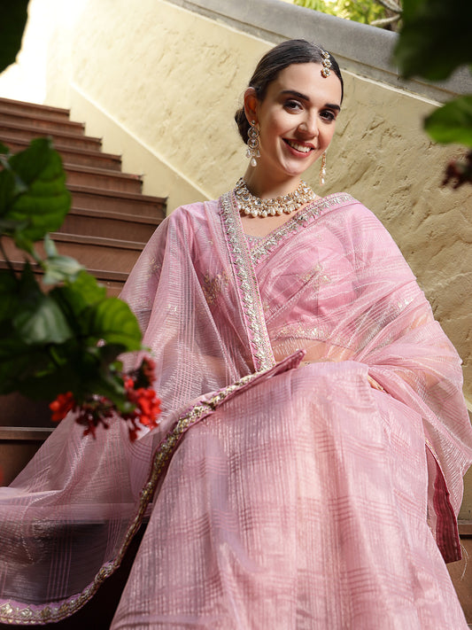 Stylum Women's Pink Gota Patti Work Shimmer Net Saree (SRPINKBELL)