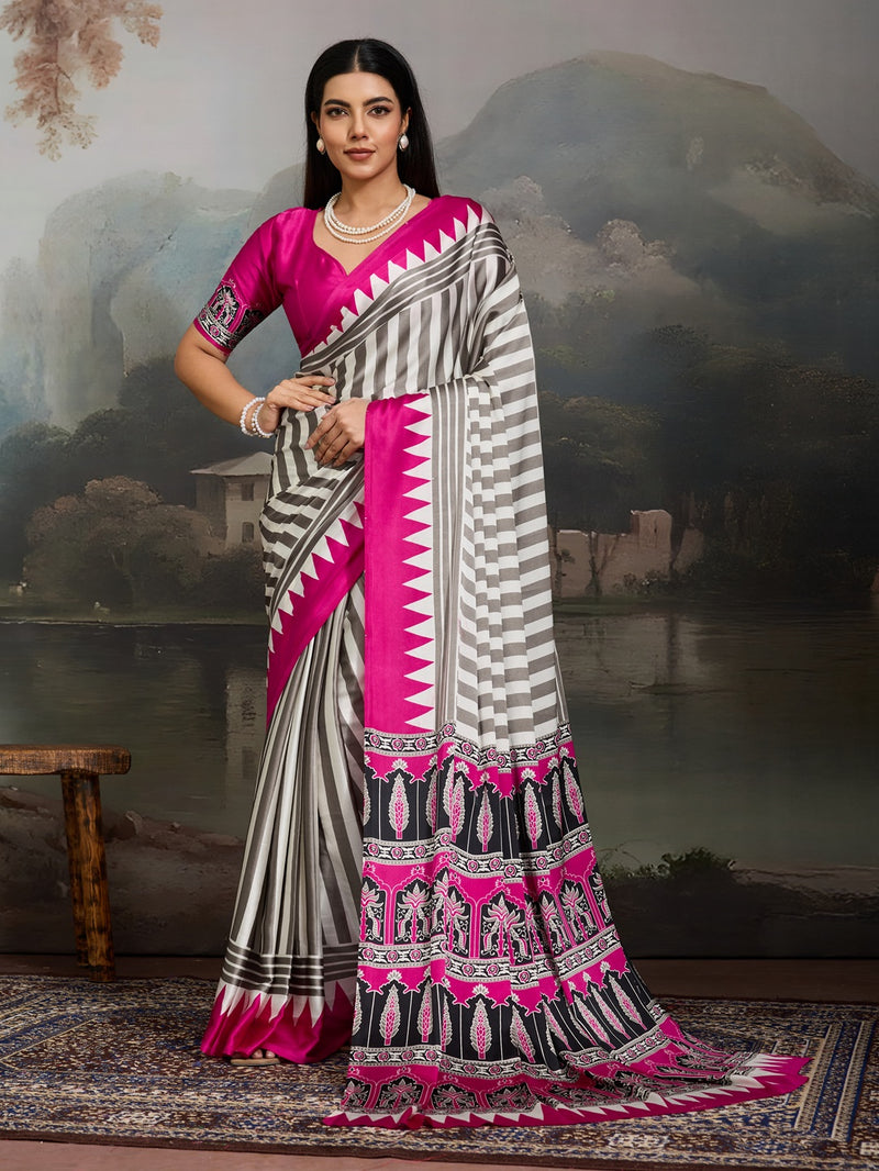 Stylum Women's Pink Ajrakh Printed Modal Satin Saree With Unstitched Blouse Piece (SRPINKBORIL)