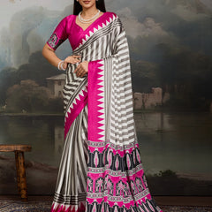 Stylum Women's Pink Ajrakh Printed Modal Satin Saree With Unstitched Blouse Piece (SRPINKBORIL)