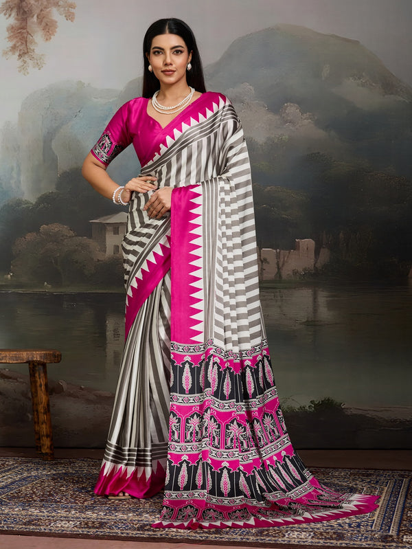 Stylum Women's Pink Ajrakh Printed Modal Satin Saree With Unstitched Blouse Piece (SRPINKBORIL)