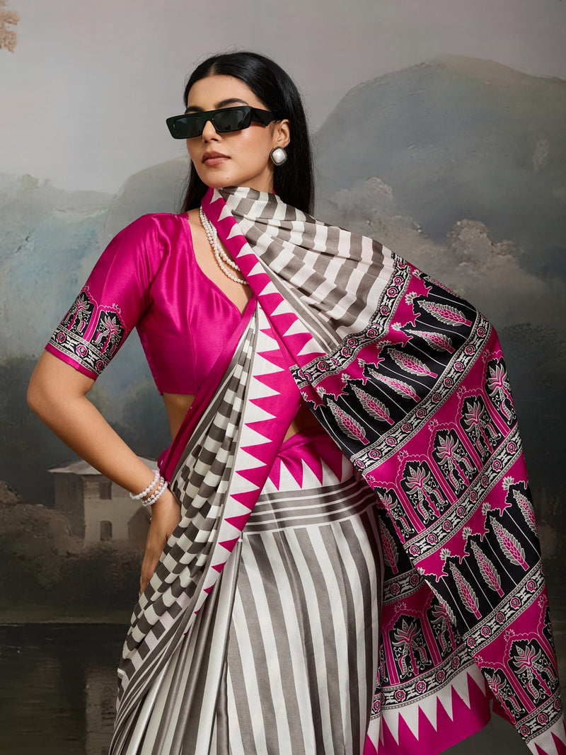 Stylum Women's Pink Ajrakh Printed Modal Satin Saree With Unstitched Blouse Piece (SRPINKBORIL)