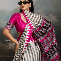 Stylum Women's Pink Ajrakh Printed Modal Satin Saree With Unstitched Blouse Piece (SRPINKBORIL)