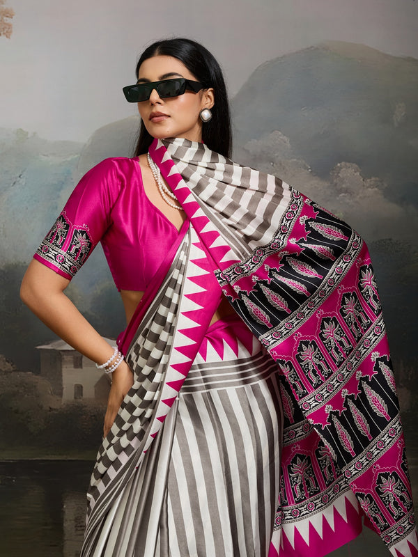 Stylum Women's Pink Ajrakh Printed Modal Satin Saree With Unstitched Blouse Piece (SRPINKBORIL)