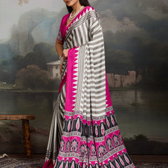 Stylum Women's Pink Ajrakh Printed Modal Satin Saree With Unstitched Blouse Piece (SRPINKBORIL)