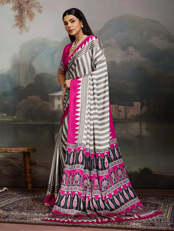Stylum Women's Pink Ajrakh Printed Modal Satin Saree With Unstitched Blouse Piece (SRPINKBORIL)