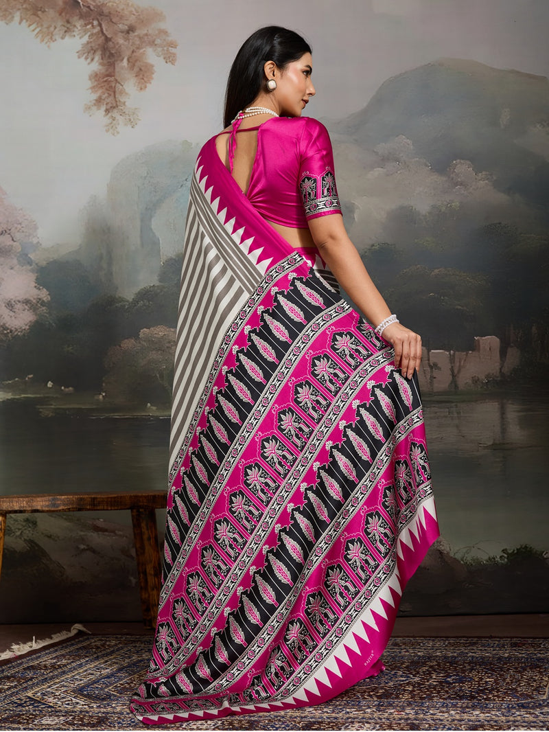Stylum Women's Pink Ajrakh Printed Modal Satin Saree With Unstitched Blouse Piece (SRPINKBORIL)