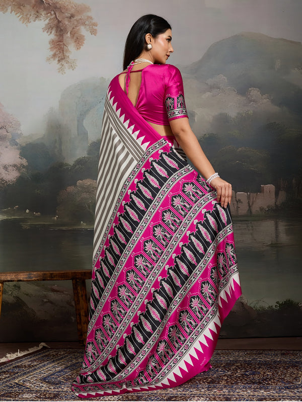 Stylum Women's Pink Ajrakh Printed Modal Satin Saree With Unstitched Blouse Piece (SRPINKBORIL)