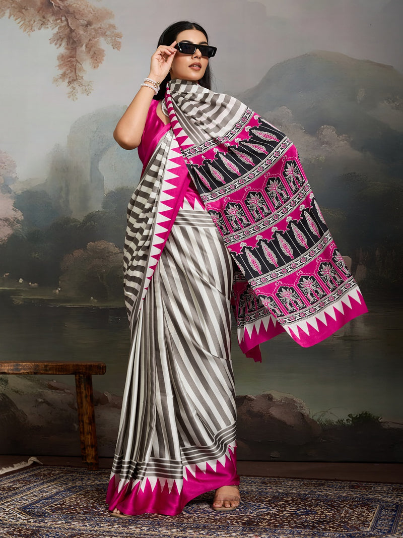 Stylum Women's Pink Ajrakh Printed Modal Satin Saree With Unstitched Blouse Piece (SRPINKBORIL)