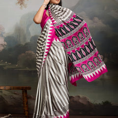 Stylum Women's Pink Ajrakh Printed Modal Satin Saree With Unstitched Blouse Piece (SRPINKBORIL)
