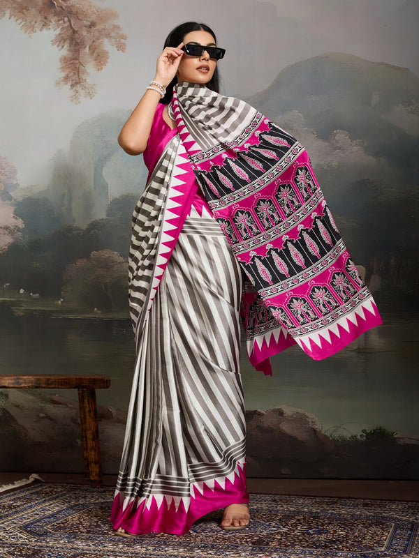Stylum Women's Pink Ajrakh Printed Modal Satin Saree With Unstitched Blouse Piece (SRPINKBORIL)