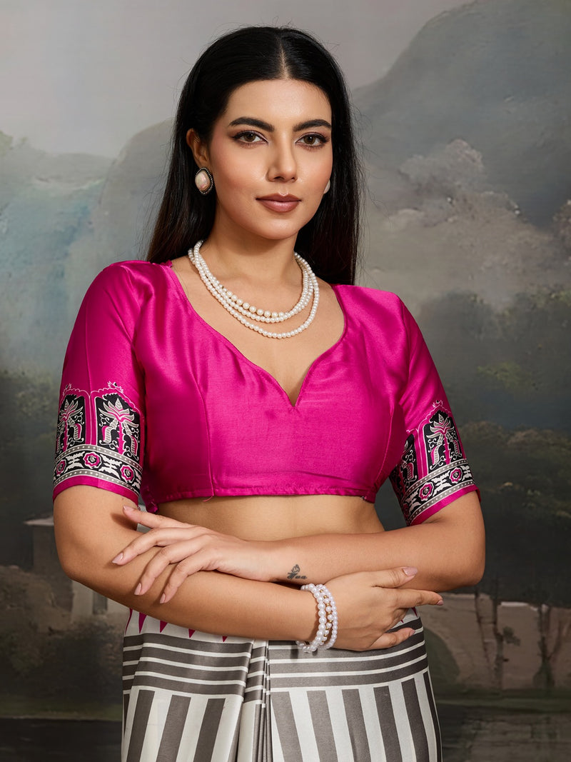 Stylum Women's Pink Ajrakh Printed Modal Satin Saree With Unstitched Blouse Piece (SRPINKBORIL)
