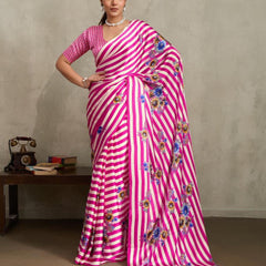 Stylum Women's Pink Floral Printed Satin Saree With Unstitched Blouse Piece (SRPINKGLOBE)