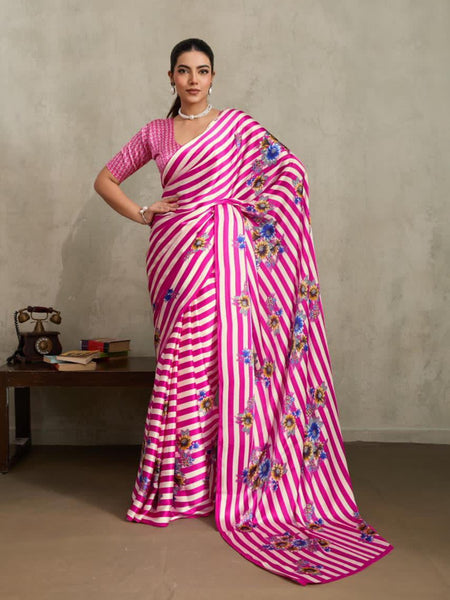 Stylum Women's Pink Floral Printed Satin Saree With Unstitched Blouse Piece (SRPINKGLOBE)