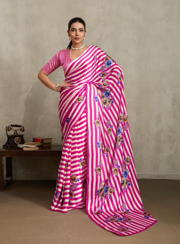 Stylum Women's Pink Floral Printed Satin Saree With Unstitched Blouse Piece (SRPINKGLOBE)