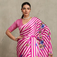 Stylum Women's Pink Floral Printed Satin Saree With Unstitched Blouse Piece (SRPINKGLOBE)