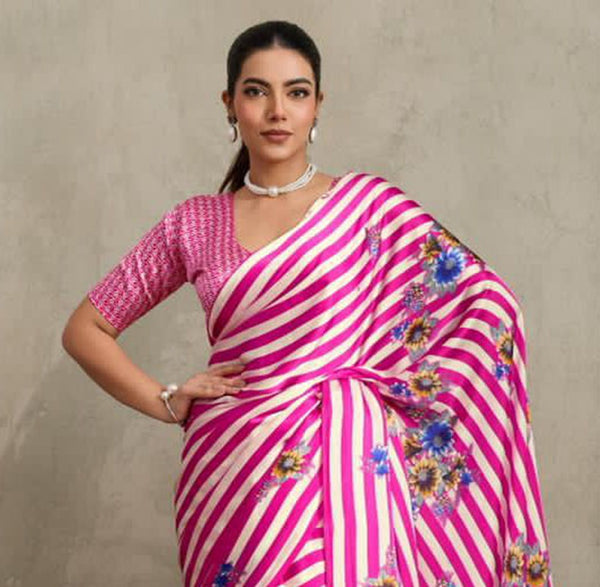 Stylum Women's Pink Floral Printed Satin Saree With Unstitched Blouse Piece (SRPINKGLOBE)