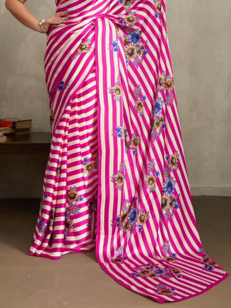 Stylum Women's Pink Floral Printed Satin Saree With Unstitched Blouse Piece (SRPINKGLOBE)