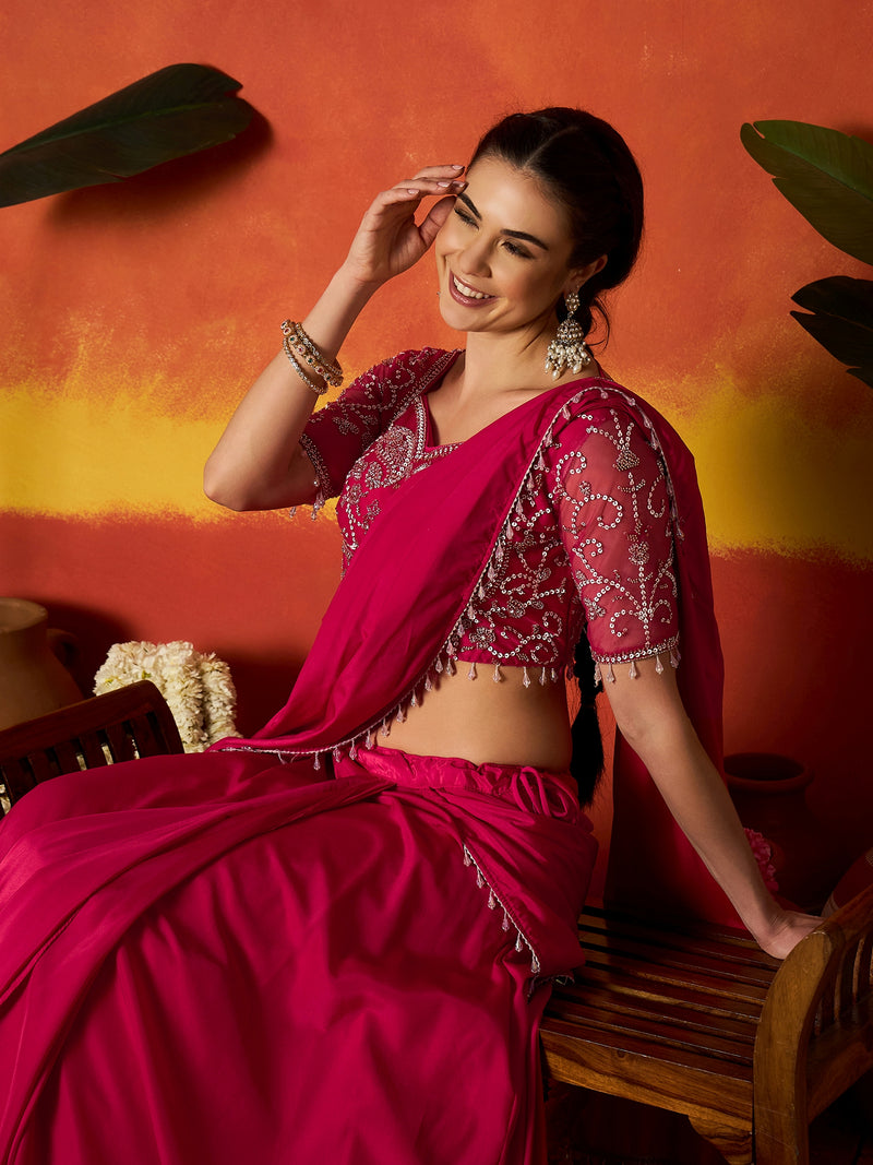 Stylum Women's Pink Solid & Embroidered Silk Blend Ready to Wear Draped Saree With Stitched Blouse (SRPINKRIMI)