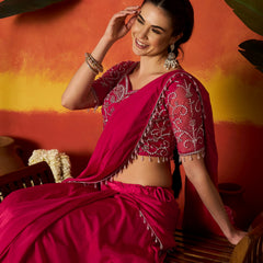 Stylum Women's Pink Solid & Embroidered Silk Blend Ready to Wear Draped Saree With Stitched Blouse (SRPINKRIMI)