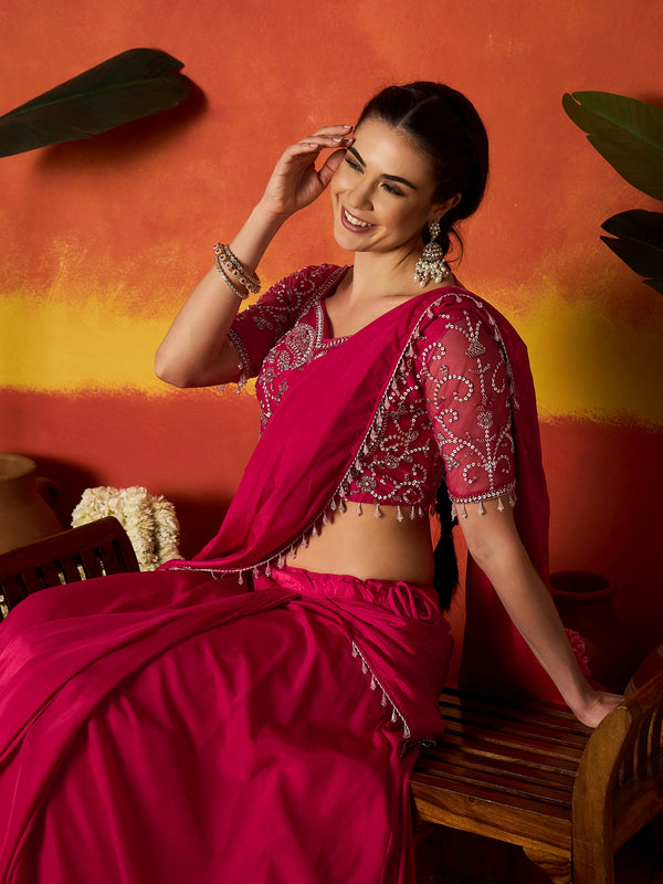 Stylum Women's Pink Solid & Embroidered Silk Blend Ready to Wear Draped Saree With Stitched Blouse (SRPINKRIMI)