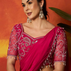 Stylum Women's Pink Solid & Embroidered Silk Blend Ready to Wear Draped Saree With Stitched Blouse (SRPINKRIMI)