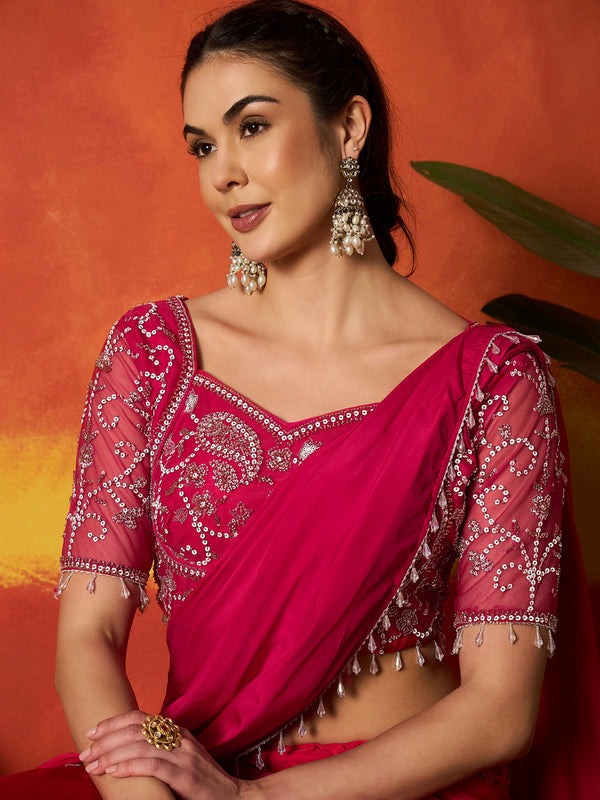 Stylum Women's Pink Solid & Embroidered Silk Blend Ready to Wear Draped Saree With Stitched Blouse (SRPINKRIMI)