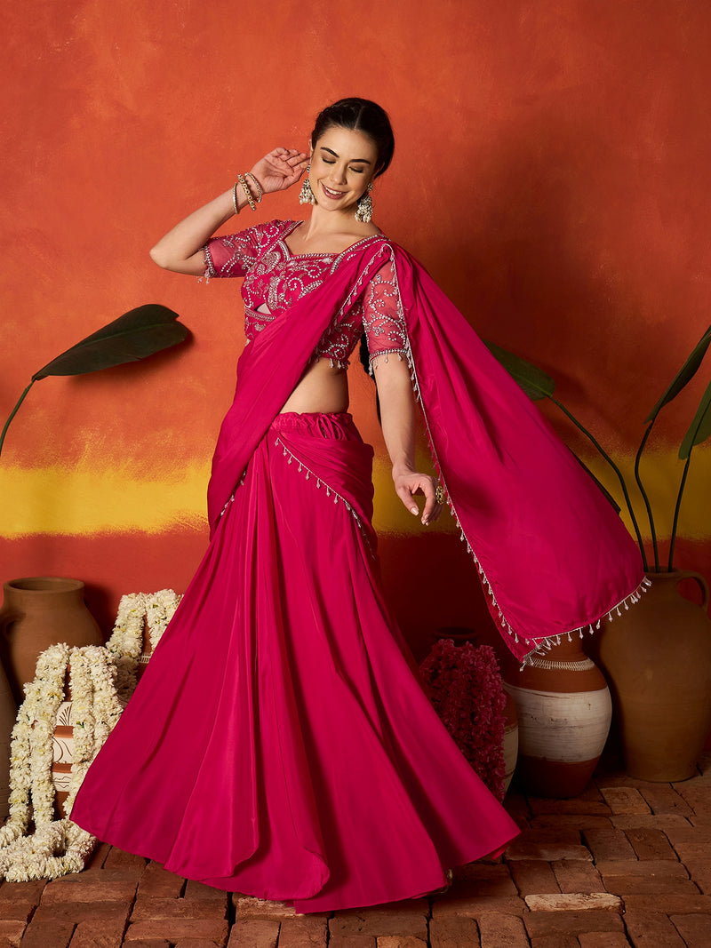 Stylum Women's Pink Solid & Embroidered Silk Blend Ready to Wear Draped Saree With Stitched Blouse (SRPINKRIMI)