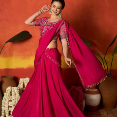 Stylum Women's Pink Solid & Embroidered Silk Blend Ready to Wear Draped Saree With Stitched Blouse (SRPINKRIMI)