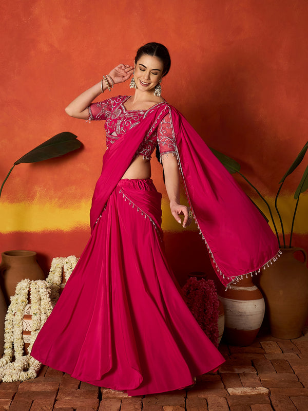 Stylum Women's Pink Solid & Embroidered Silk Blend Ready to Wear Draped Saree With Stitched Blouse (SRPINKRIMI)
