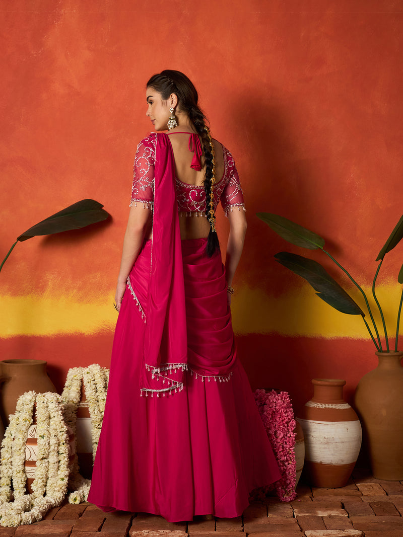 Stylum Women's Pink Solid & Embroidered Silk Blend Ready to Wear Draped Saree With Stitched Blouse (SRPINKRIMI)