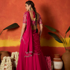 Stylum Women's Pink Solid & Embroidered Silk Blend Ready to Wear Draped Saree With Stitched Blouse (SRPINKRIMI)