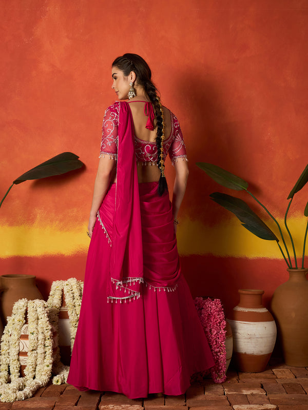 Stylum Women's Pink Solid & Embroidered Silk Blend Ready to Wear Draped Saree With Stitched Blouse (SRPINKRIMI)