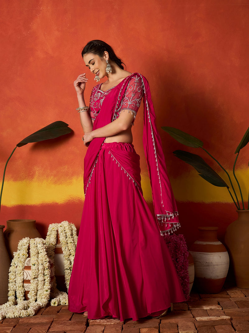Stylum Women's Pink Solid & Embroidered Silk Blend Ready to Wear Draped Saree With Stitched Blouse (SRPINKRIMI)