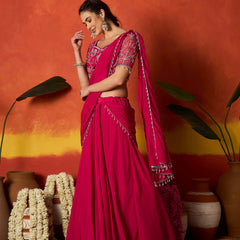 Stylum Women's Pink Solid & Embroidered Silk Blend Ready to Wear Draped Saree With Stitched Blouse (SRPINKRIMI)