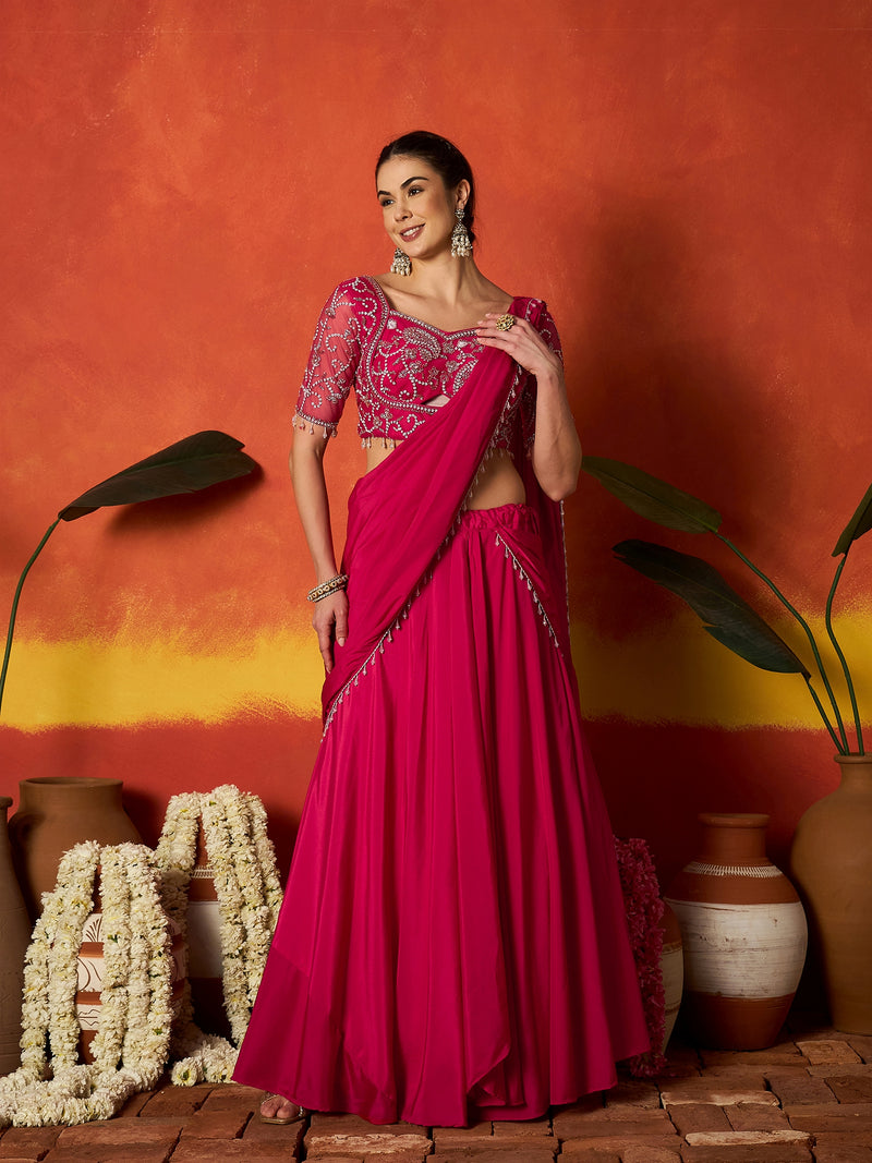Stylum Women's Pink Solid & Embroidered Silk Blend Ready to Wear Draped Saree With Stitched Blouse (SRPINKRIMI)
