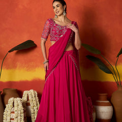 Stylum Women's Pink Solid & Embroidered Silk Blend Ready to Wear Draped Saree With Stitched Blouse (SRPINKRIMI)