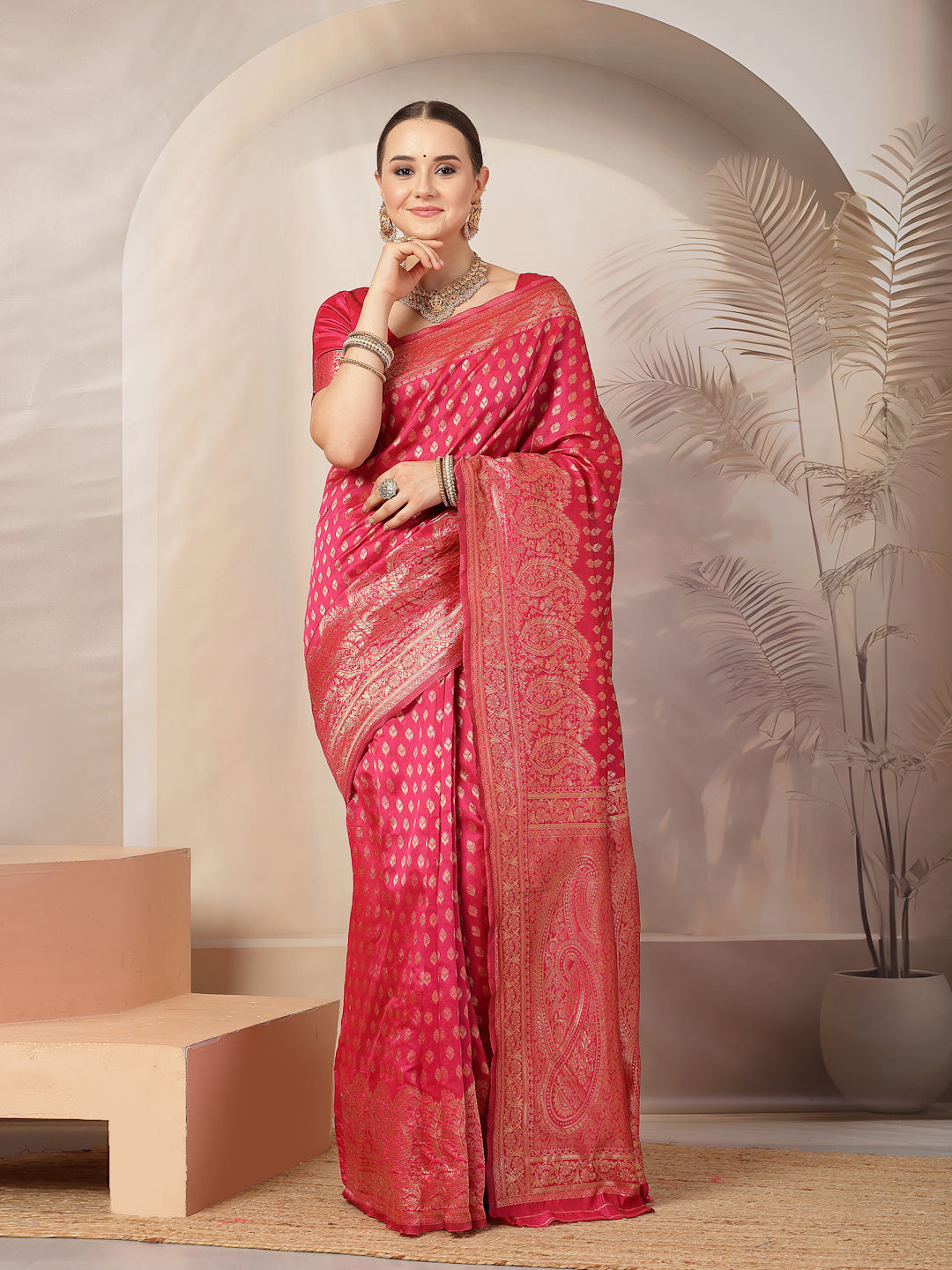 Stylum Women's Pink Ethnic Motifs Banarsi Woven Zari Silk Saree (SRPINKWONDER)