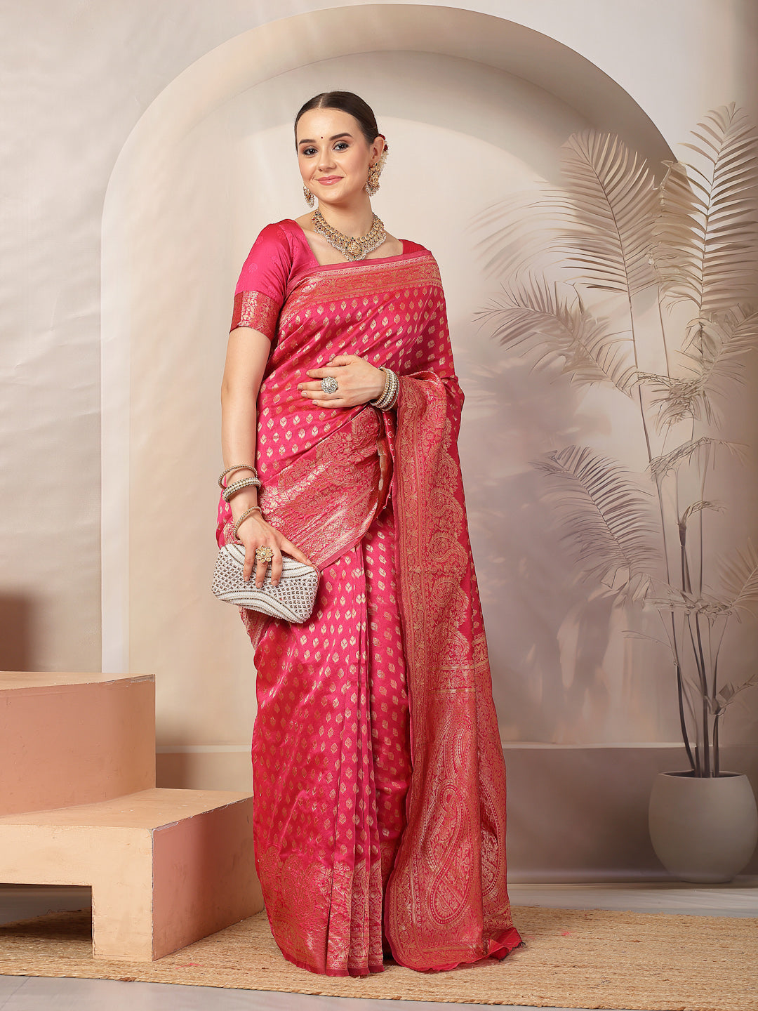 Stylum Women's Pink Ethnic Motifs Banarsi Woven Zari Silk Saree (SRPINKWONDER)