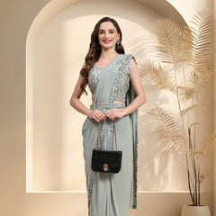 Stylum Women's Pista Colour Belted Party Wear Ready To Wear Lycra Saree (SRPISTAHELEN)