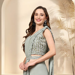 Stylum Women's Pista Colour Belted Party Wear Ready To Wear Lycra Saree (SRPISTAHELEN)