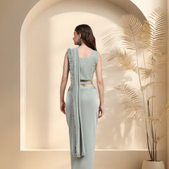 Stylum Women's Pista Colour Belted Party Wear Ready To Wear Lycra Saree (SRPISTAHELEN)